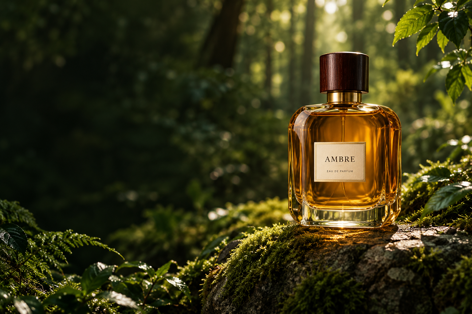 AMBRE Eau de Parfum bottle in a forest